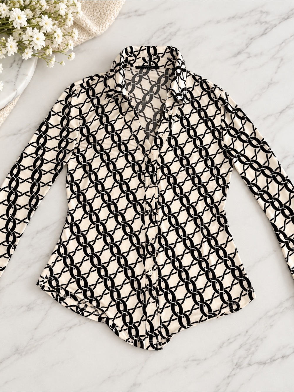 NWT Tahari Black Ivory Chain Print Button Down Blouse XS